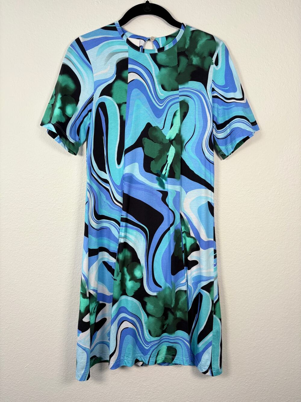 De Loreta Cool Tone Blue Abstract Swirl Printed Short Sleeve Mini Dress